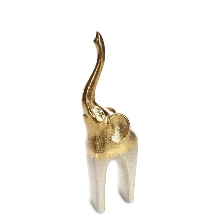 Figurina decorativa, Eurofirany Max 1, elefant, crem, auriu, 11x7x30 cm, ceramica