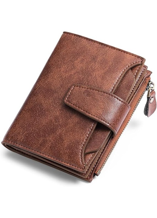 Portofel barbati piele cu fermoar, 18 sloturi card, maro inchis, 13x10x3cm
