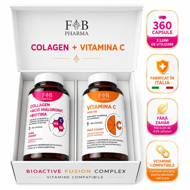 Pachet Colagen + Acid Hialuronic + Biotina si Vitamina C 1000 MG F&B Pharma™ 360 Capsule SoftGel BioActive Fusion Complex, Formula Sinergica pentru Colagen, Suport Piele, Par, Unghii si Sistem Osteo-Articular, Protectie Antioxidanta, Fabricat in Italia