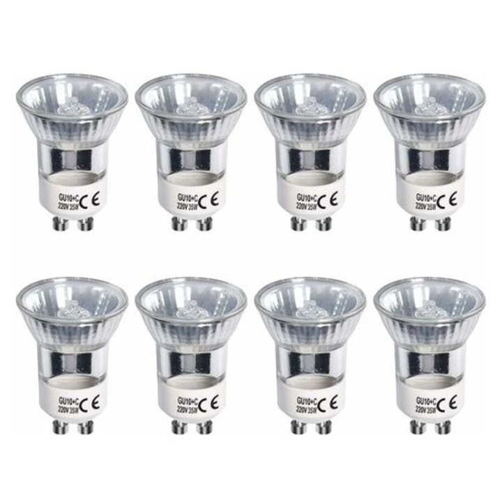 Комплект 8 халогенни крушки GU10 35W, топло бяла светлина, 2700K, 120°, 35мм