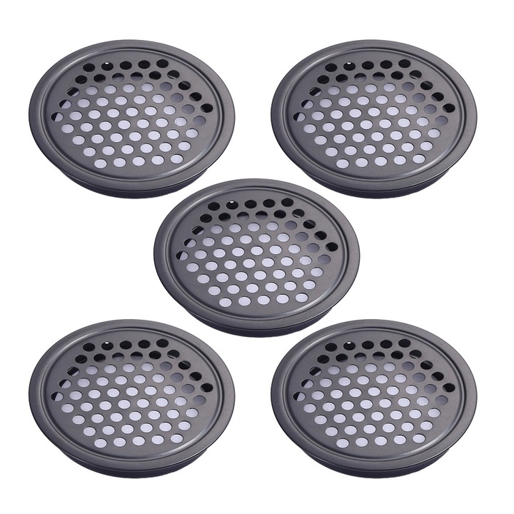 Set 5 grile ventilatie rotunde otel inoxidabil negru 10x10cm
