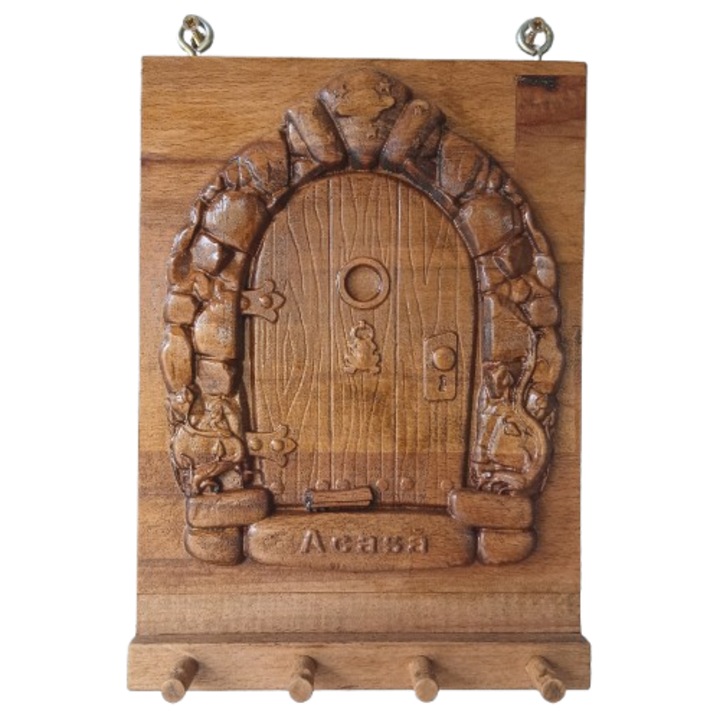 Tablou rustic din lemn masiv sculptat cu suport pentru chei, „Cheia cu Povesti”, Model Usa de Poveste cu text in relief „Acasa”, 4 agatatori, 280x200x28mm