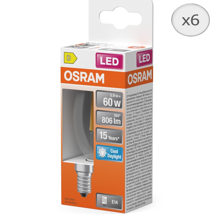 OSRAM Star izzókészlet, B60, E14, 5,9 W (60 W), 806 lm, hideg fény (6500 K), D energiaosztály, 6 db