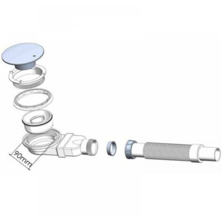 Sifon scurgere pentru dus 90 mm, extra plat, cu sistem anti-miros, filtru pentru par detasabil, debit 40 l/min, capac cromat, alb, 1 buc