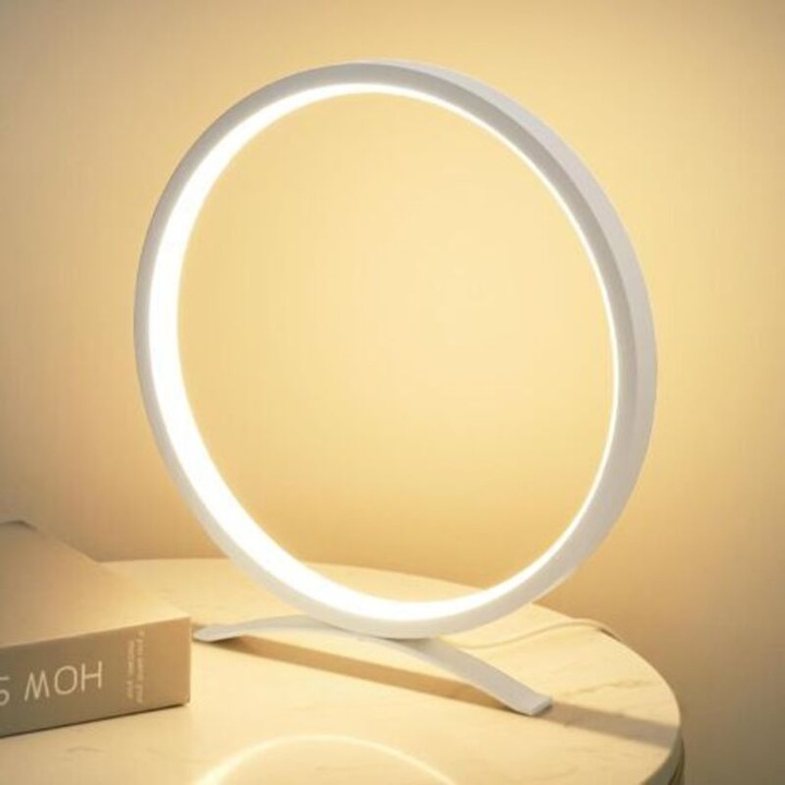 Lampa de noptiera / lampa de masa rotunda, metal si acrilic mat, dimabila cu lumina calda, alimentare USB, alb, 25 cm