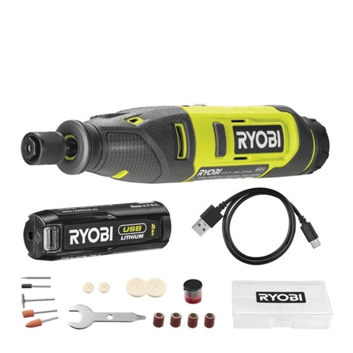 Ryobi 4V USB Lithium magasfordulatszámú mikrogép, 15x tartozék, 1x 2, 0Ah akkumulátor, töltő - RRT4-120GA15