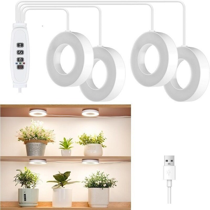 4 db LED lámpa növényekhez, 48 LED, 3 mód, időzítő, USB, szabályozható, többszínű, 3.5 inch