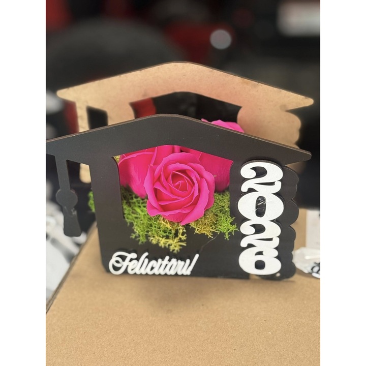 Aranjament floral, cu licheni stabilizati si flori criogenate, Verde/Maro, cutie toca absolvire