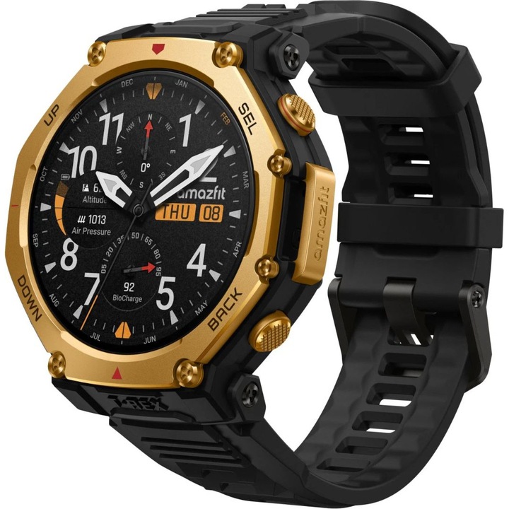 Amazfit T-Rex 3 Pro 48mm NFC Tactical okosóra 1 "5", iOS, Android, Vízálló, 10 ATM, Bluetooth, GPS, Gyroscope, NFC, Pulzusmérő, Gyorsulásmérő, Üzenet és hívás kezelése, Mikrofon, Alvás figyelés, Magasságmérő, Elégetett kalória kijelzés, Zene vezérl fekete