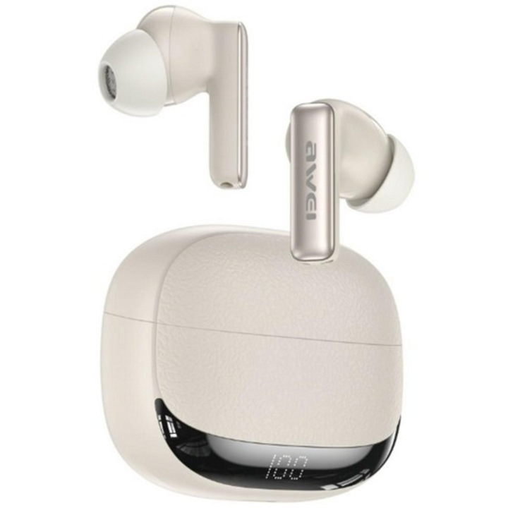 Căști Bluetooth Awei TA19 ANC stereo, v6.0, TWS, cu anulare activă a zgomotului, microfon, afișaj LED + carcasă de încărcare, bej