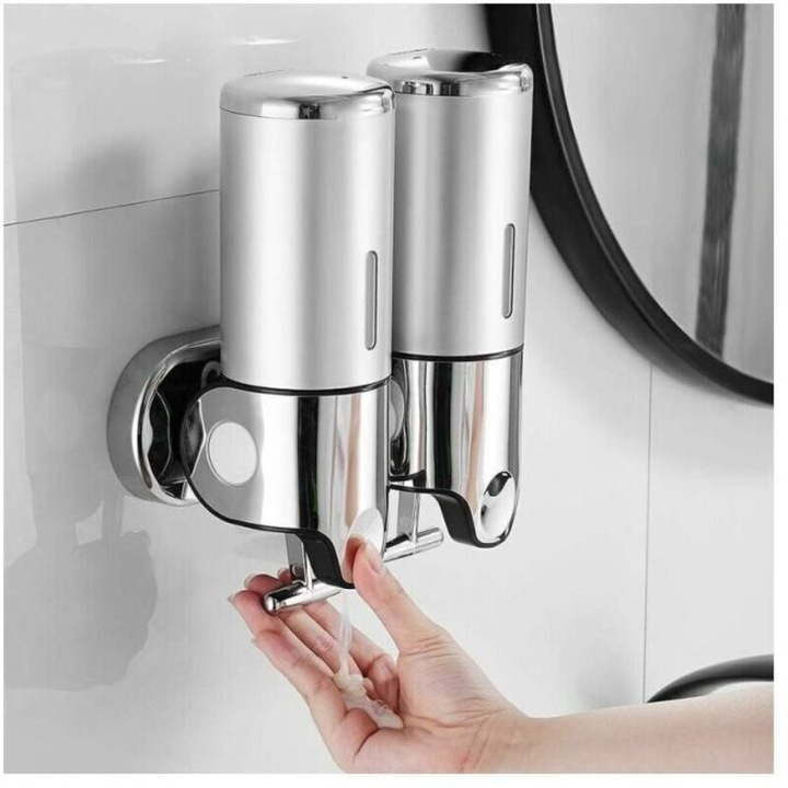 Dispenser sapun dublu montat pe perete, dozator pentru gel de dus si sampon, transparent cu fereastra vizibila, abs si silicon, rezistent la coroziune, argintiu, 500ml