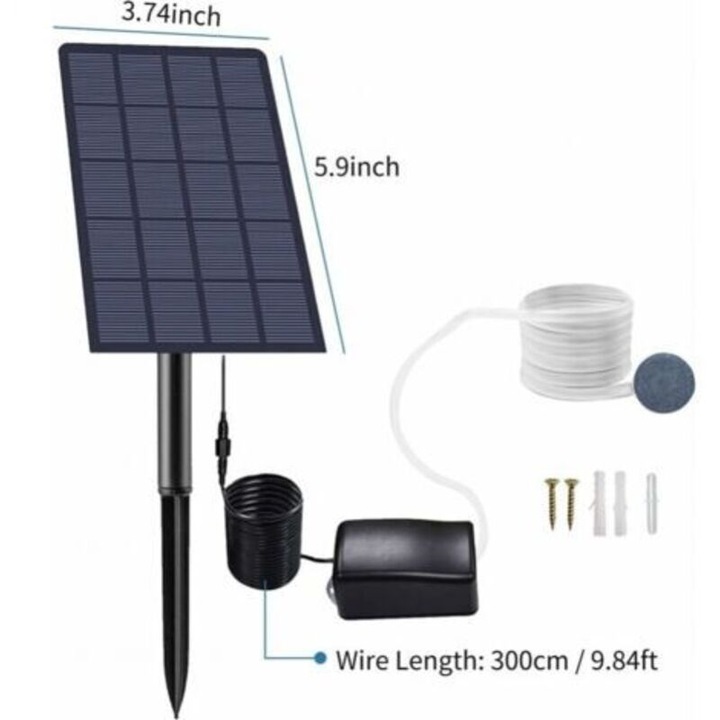 Соларна аераторна/кислородна помпа 2.5W, с панел 5V 2.5W и дебит на въздуха 0.8 л/мин, с колче за фиксиране в земята и аксесоар (въздушен камък, маркуч), Черна, 1 комплект