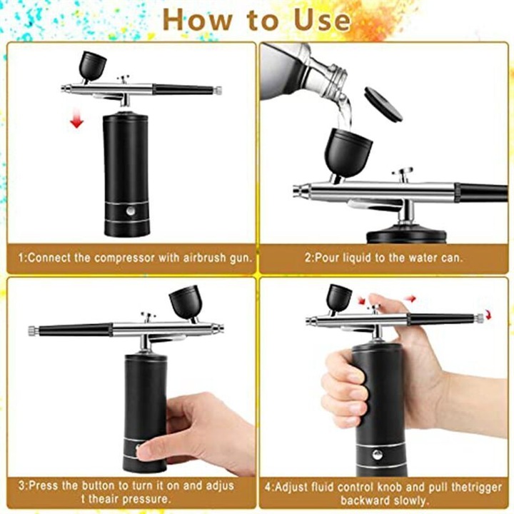 Hordozható airbrush készlet, újratölthető kompresszor, fekete, 0.3mm, 30PSI