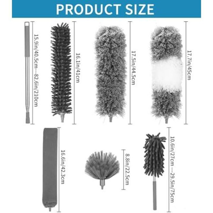 Set 7 piese, perii/duster telescopice pentru curatenie si indepartare paianjeni, lungime reglabila 27-256 cm, microfibra lavabila, maner inox, pentru ventilatoare de tavan si colturi, Gri