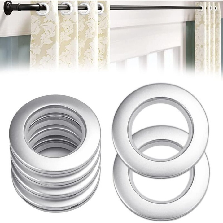 Set 50 bucati, inele/ochiuri pentru perdea, inox, cu surub de fixare, montaj rapid, argintiu, 40 mm