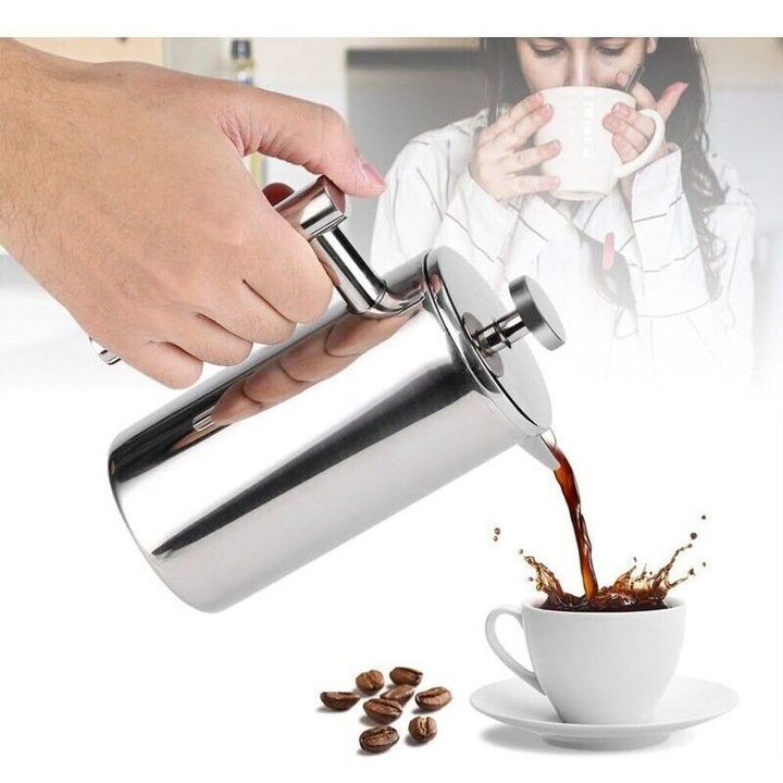 Cafetiera French press presa franceza dublu perete din otel inoxidabil, filtru detasabil, izolare termica, maner izolat, inox lucios, 350 ml