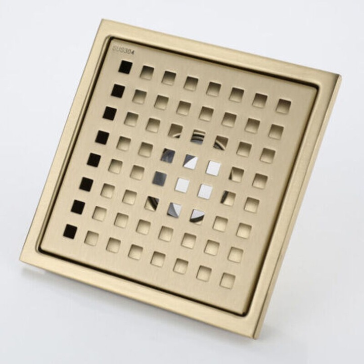 Sifon de pardoseala / grilaj scurgere 15x15 cm din otel inoxidabil, nucleu deodorizant din alama, reglabil pe inaltime, auriu periat, 1 buc