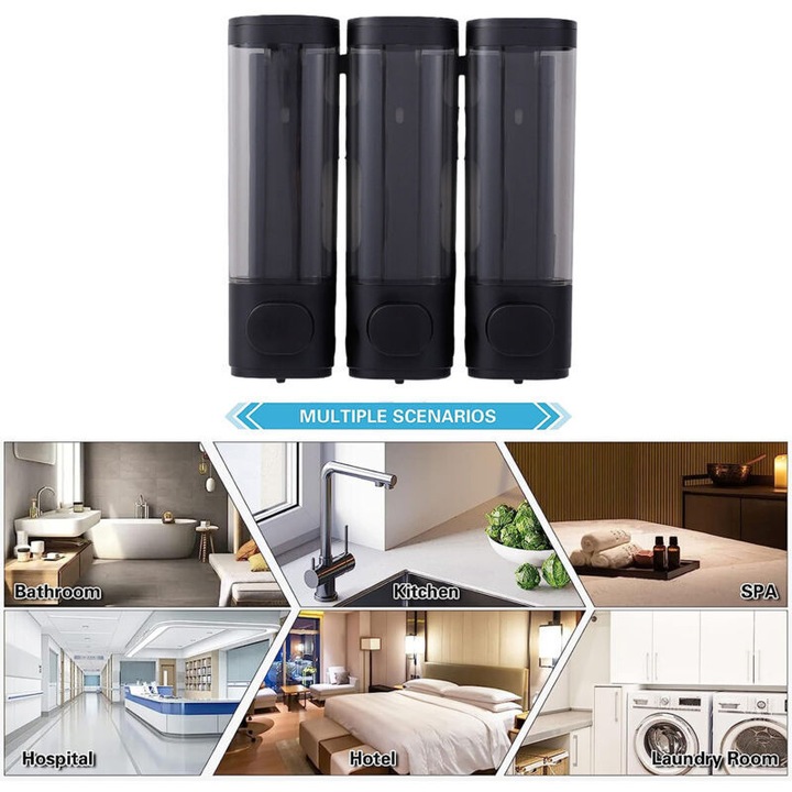 Dispenser sapun dus set 3 piese, capacitate 300ml, negru, montaj fara gaurire