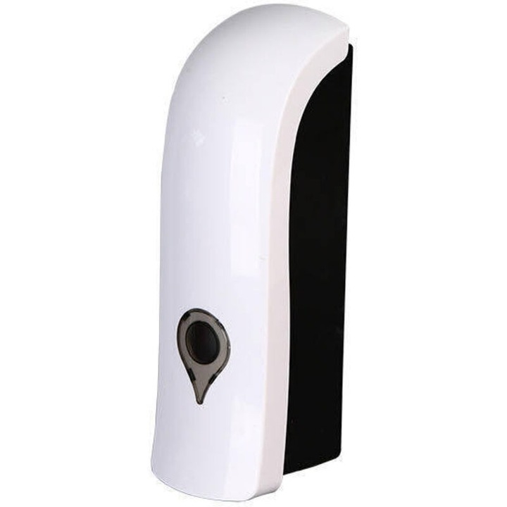 Dozator sapun lichid manual, dispenser montat pe perete, fara gaurire, capacitate 300 ml, dozaj 0.6 ml/doza, corp ABS detasabil, alb/negru, 215 x 70 x 65 mm