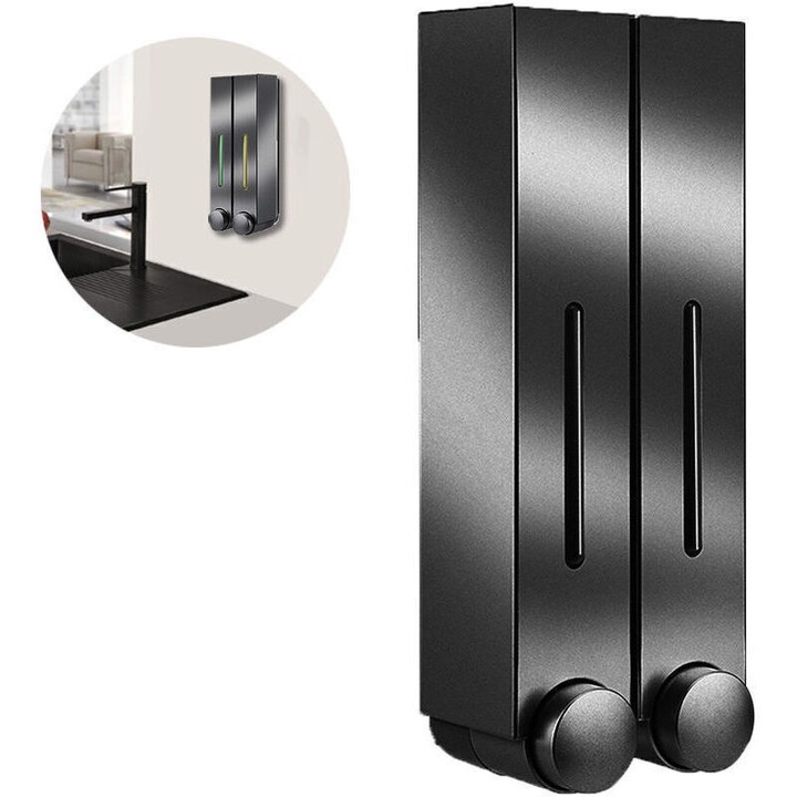 Dispenser sapun perete, 2 camere, ABS, negru, 28x8x5cm, 420ml fiecare