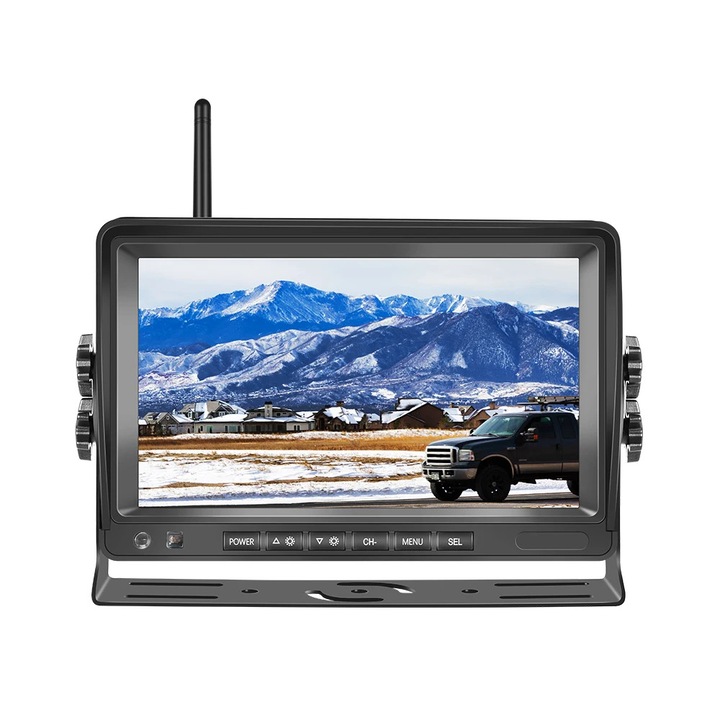 Sistem camera marsarier pentru camion/autobuz/van/rulota, monitor 17, 8 cm cu 1 camera, wireless, unghi 120°, linii ghidaj, IP66, DVR 4 canale