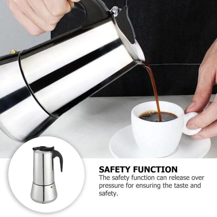 Cafetiera electrica tip Moka din otel inoxidabil, cu valva de suprapresiune, filtru care retine zatul, maner rezistent la caldura, inox