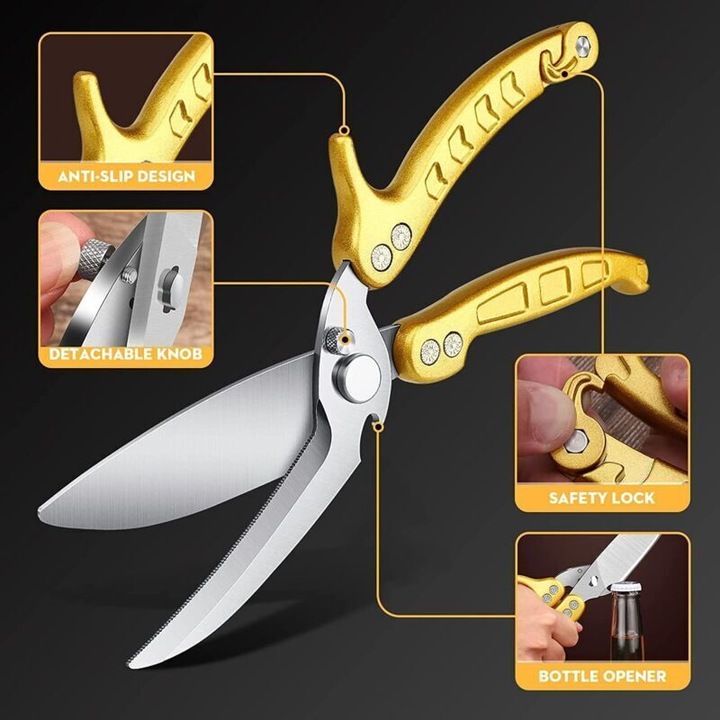 Foarfeca bucatarie multifunctionala inox, maner aluminiu, 111 dinti, 25cm