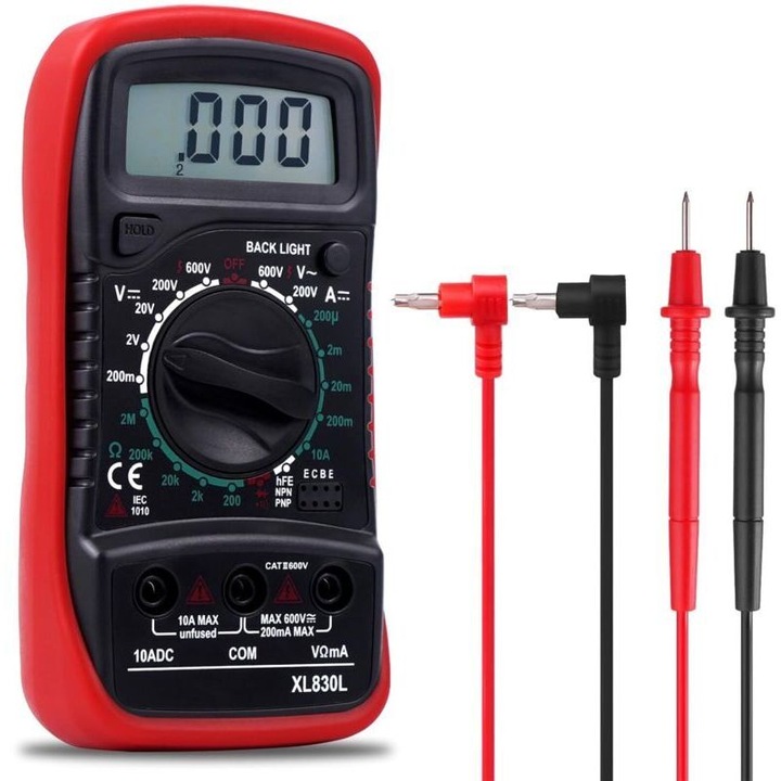 Multimetru digital portabil / tester electric XL830L, masoara tensiune AC/DC, curent DC, rezistenta, continuitate si diode, ecran LCD cu retroiluminare si inregistrare date, rosu/negru, 1 buc