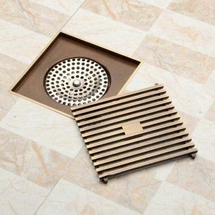 Grila scurgere pardoseala 10x10 cm patrata, capac/filtru pentru dus, cu colector de resturi, alama antichizata, 1 buc