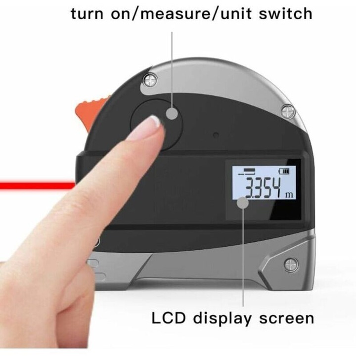 Telemetru laser 2-in-1, metru digital, gama 30 m, ruleta 5 m, ecran lcd iluminat, reincarcabil usb, negru/gri, 1 buc