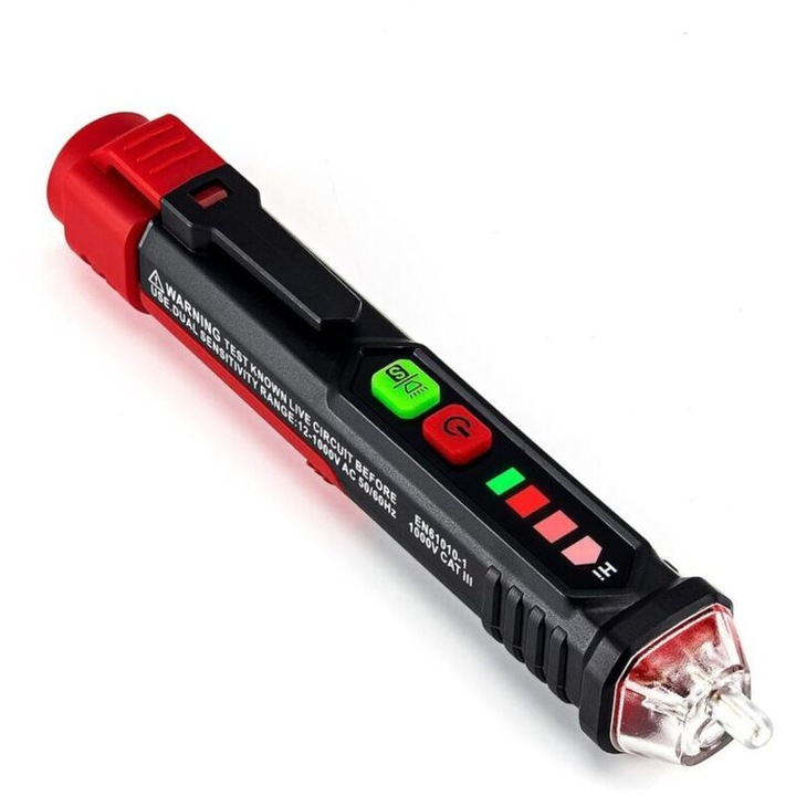 Tester de tensiune fara contact VT200, detector de faza, sensibilitate reglabila 12–1000V/48–1000V, indicator led si lanterna integrata, oprire automata, negru/rosu, 1 buc