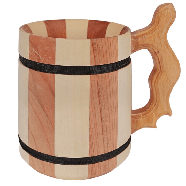 Halba din Lemn Model Traditional cu Maner, 600 ml, Cana pentru Bere, Ceai sau Apa, Aspect Rustic, Natur, 14x12 cm