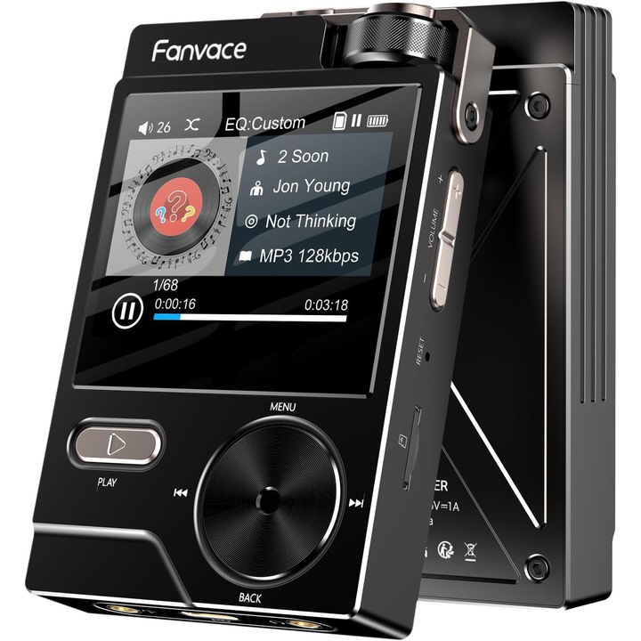 MP3 lejátszó HiFi 64GB, veszteségmentes DSD/FLAC/WAV hang, professzionális WM8965 DAC, 24bit/192kHz, 2 hüvelykes TFT színes kijelző, 64GB MicroSD kártya mellékelve, bővíthető 256GB-ig, 2000mAh akkumulátor, USB-C és 3.5mm Jack, fekete