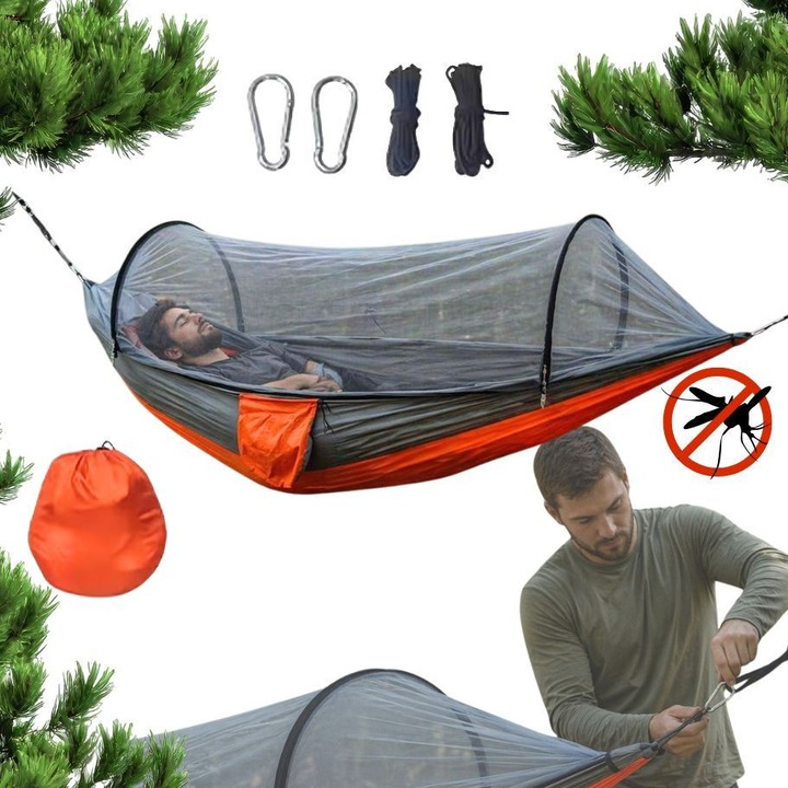 Hikey függőágy szúnyoghálóval, 1 személyes, ideális kempingezéshez, kertbe és szabadtéri kikapcsolódáshoz