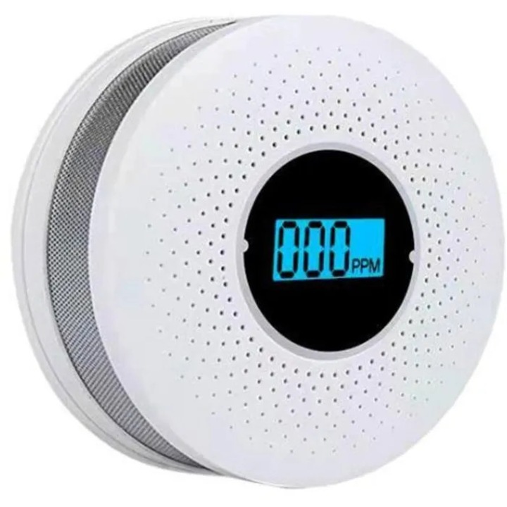 Detector monoxid de carbon si fum, senzor cu afisaj digital LCD, inalta precizie, consum redus de energie, Alb, 1 bucata