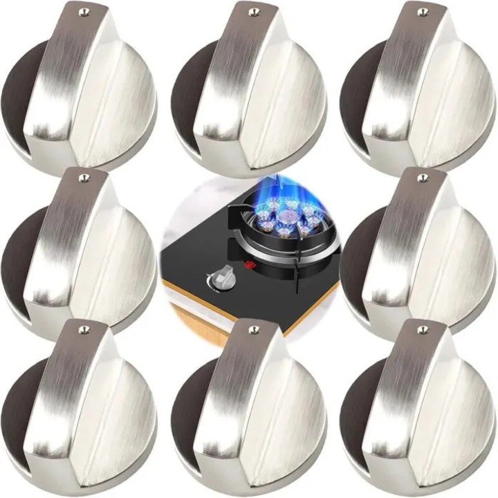 Set 8 bucati, Butoane rotative universale pentru cuptor si plita, aliaj de zinc, cu ax 6 mm, Argintiu