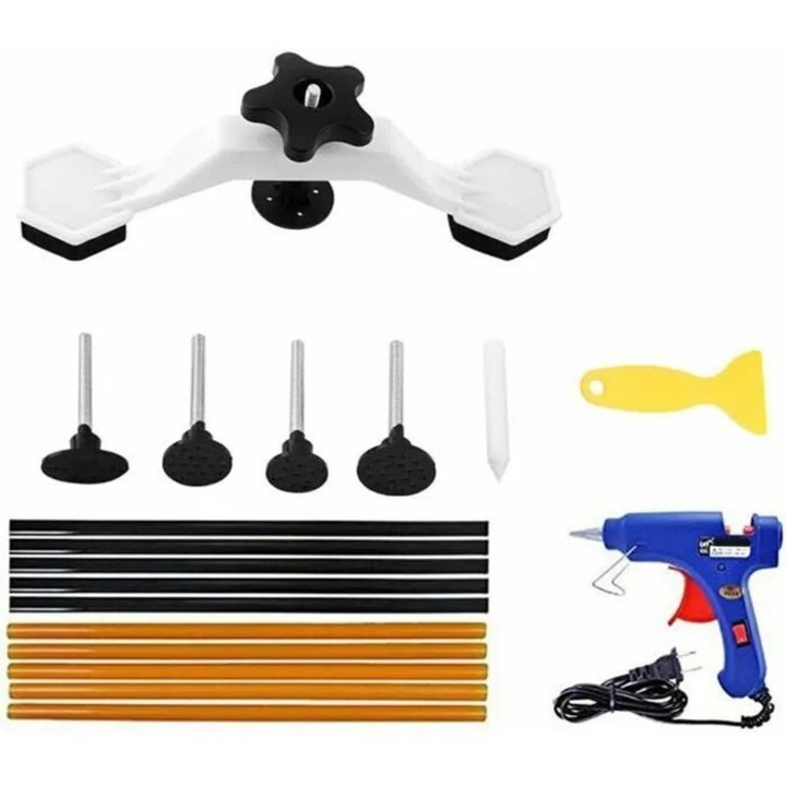 Kit de reparare caroserie auto, set pentru indreptat lovituri fara vopsire, cu pistol de lipit si 10 bete adeziv, Multicolor, 1 set