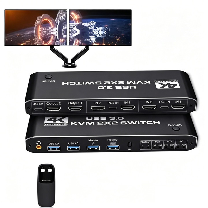 HDMI KVM kapcsoló 4K 60Hz, Duueyct, 2 bemenet 2 kimenet, 2 USB 3.0 port, 3.5mm audio jack, Plug and Play, Illesztőprogramok nélkül, Távirányítóval, Billentyűzet, Egér, Nyomtató megosztása, Műanyag, Fekete