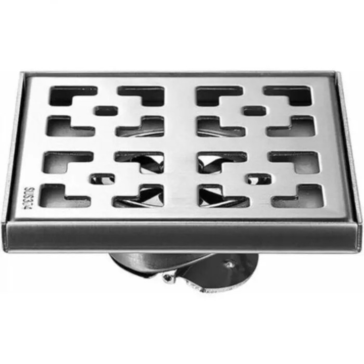 Grila de scurgere pentru dus/rigola, din otel inoxidabil, patrata, cu orificii mari anti-infundare, argintiu, 15x15 cm, 1 bucata
