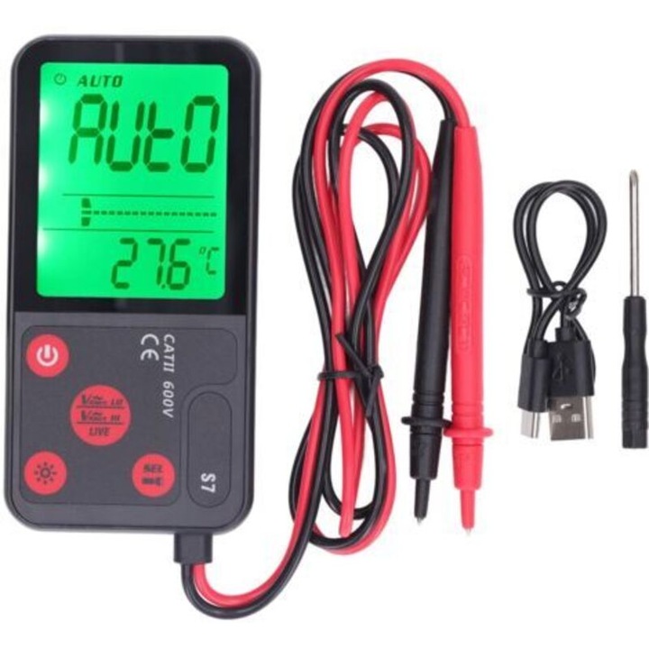 Multimetru digital/voltmetru S7, 6000 de trepte, ecran HD 3,5 inch, detectie tensiune non-contact si masurare frecventa, negru