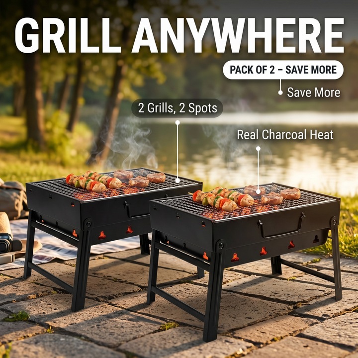 Gratar Hikey set 2 bucati, gratar pentru gradina si terasa, ideal pentru carne, legume si peste, accesorii pentru gratar incluse