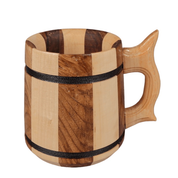 Halba din Lemn Model Traditional cu Maner, 400 ml, Cana pentru Bere, Ceai sau Apa, Aspect Rustic, Natur