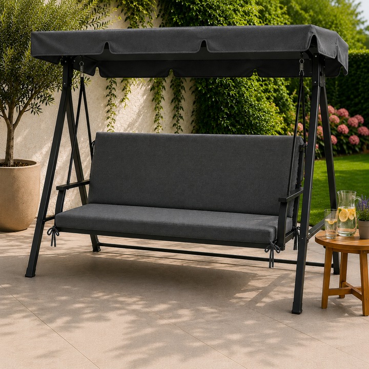 Hintaágy Párna 3 Személyes 100x150 cm, Vastag Oxford 300 g/m², Levehető Huzat, UV-álló, Kerti és Terasz Használatra, Szürke