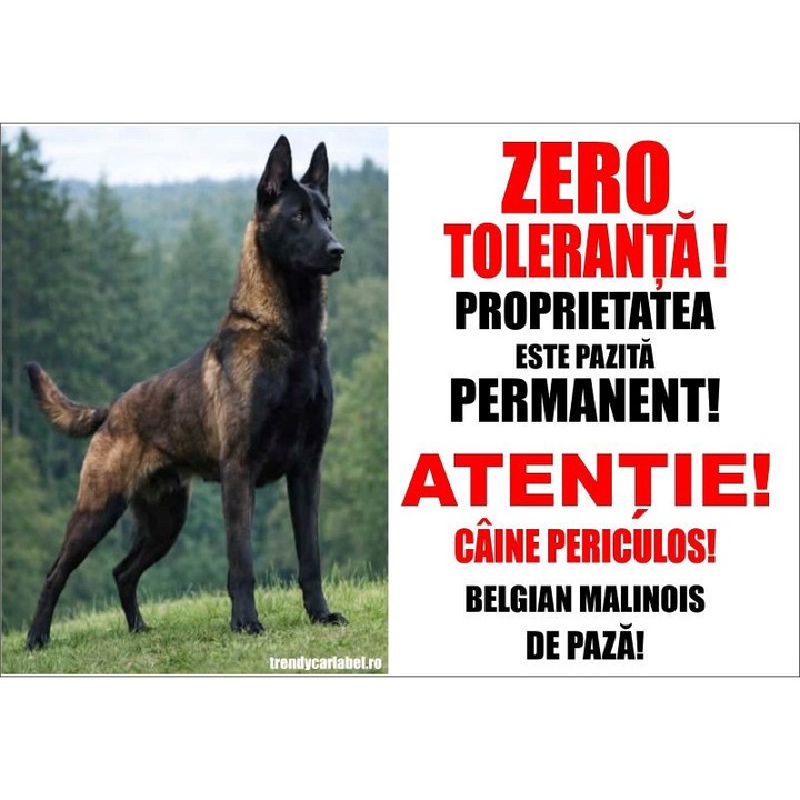 Figyelmeztető matrica / tábla Veszélyes Kutya, Belga Malinois, TCL 483A, 18 x 26 cm, kültéri / beltéri használatra