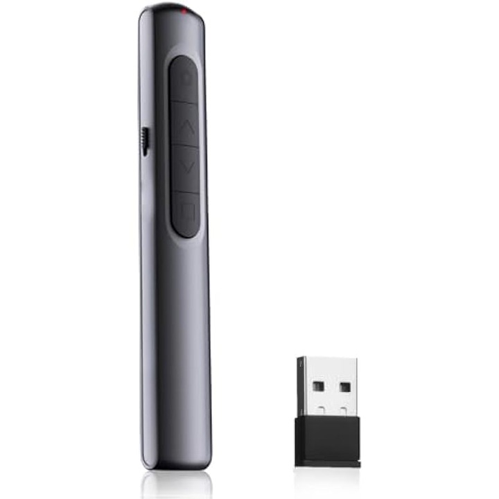 Vezeték nélküli prezentációs lézerpointer 2 az 1-ben, rejtett USB vevő, plug and play, hangerőszabályzó és oldalnavigáció, fekete/szürke, 1 db