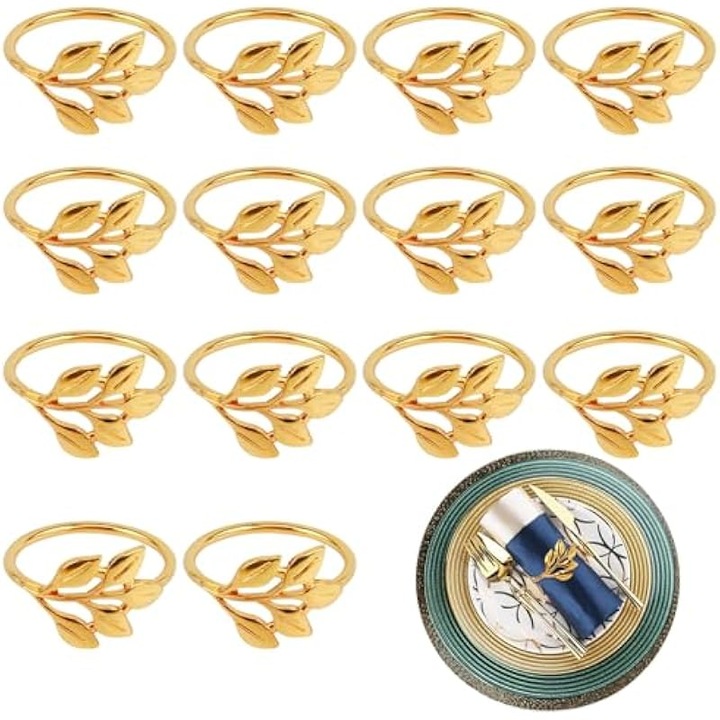 Inele pentru servetele, suporturi pentru servetele cu design frunze, din aliaj rezistent, elegante, reutilizabile, auriu, set 14 bucati