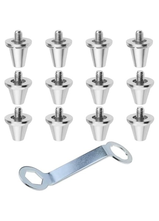 Set 12 bucati, Suruburi/tepi de inlocuire pentru crampoane fotbal, aliaj de aluminiu, conici pentru teren moale, cheie inclusa, Argintiu, 4 x 15mm / 8 x 13mm