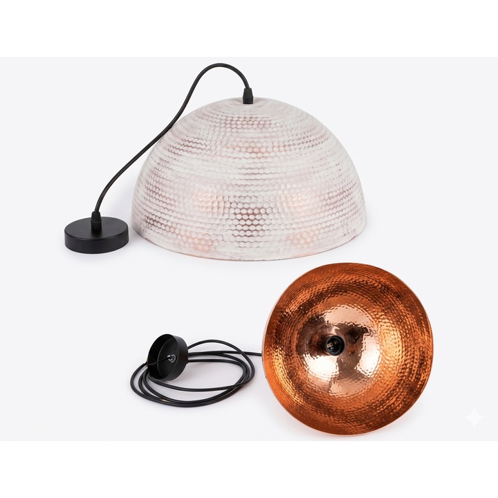 Lustra Handmade AranA® din cupru pur 99.8% – Design Pendul Nordic – Exterior Patinat Alb/Cupru, Circumferinta 30cm, Lungime Cablu 115cm, Greutate 1000g, Lucrata Manual