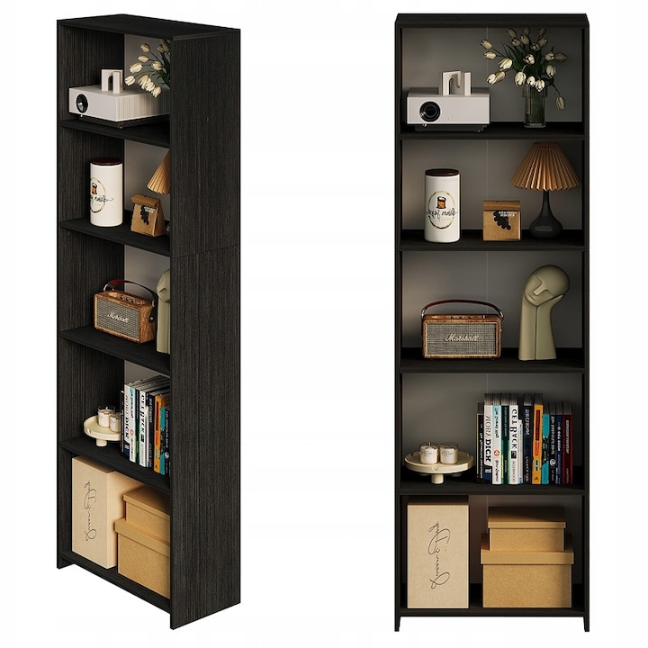 Biblioteca moderna in stil loft cu 5 rafturi, inalta, neagra, pentru sufragerie