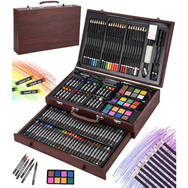 Set pictura 140 piese, creioane colorate, acuarele, pasteluri, cutie lemn maro